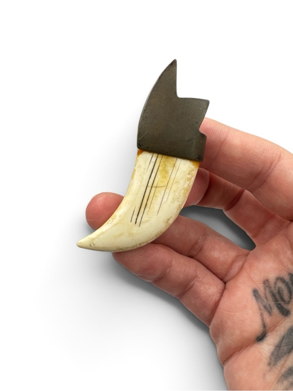 Vintage MAN Michaels SF Carved Bone Scrimshaw Style Tusk Brooch Pin Signed